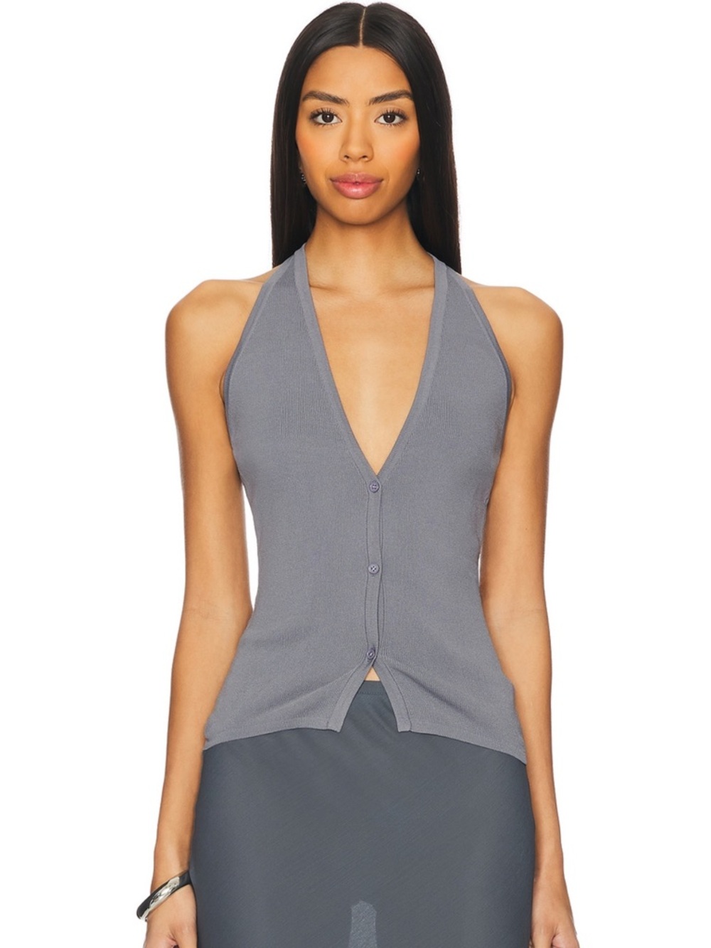Lioness Grey Halter V-Neck Button Knit Top